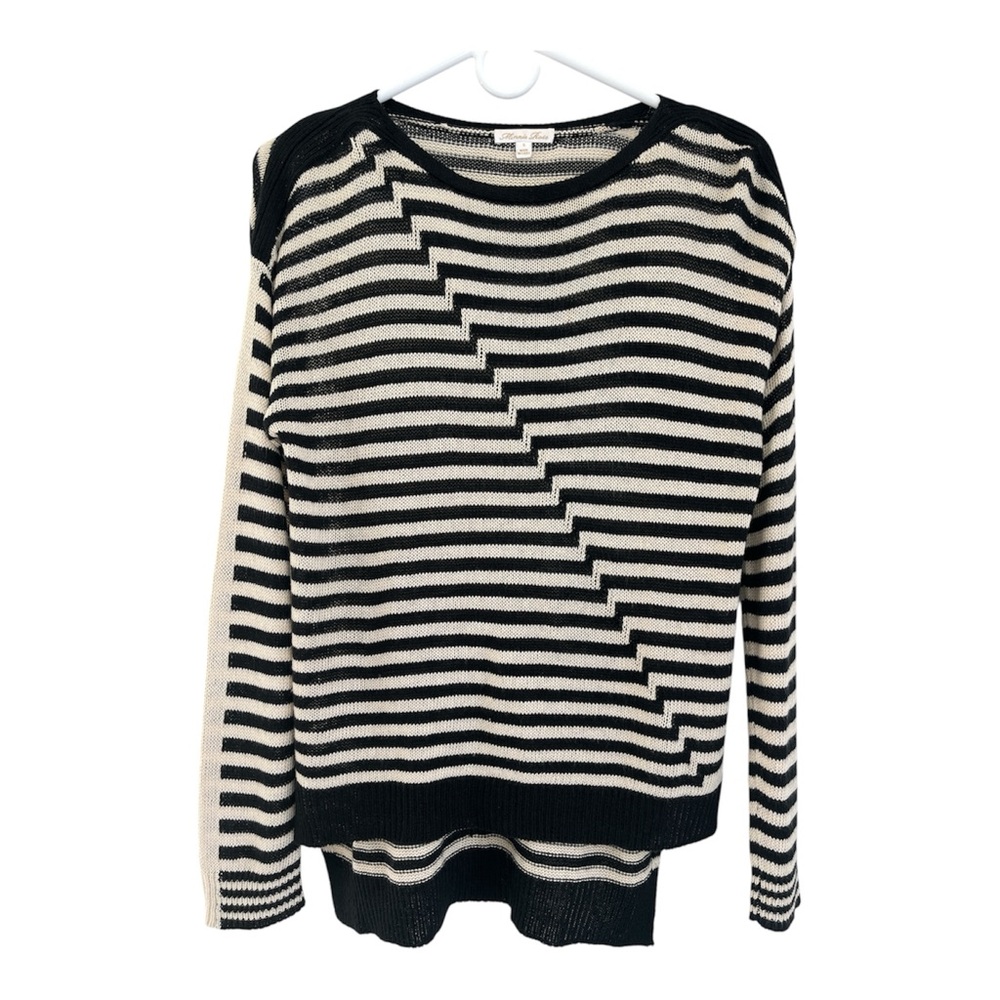 Minnie Rose Linen Blend Striped Sweater Hi Low Cream Black S